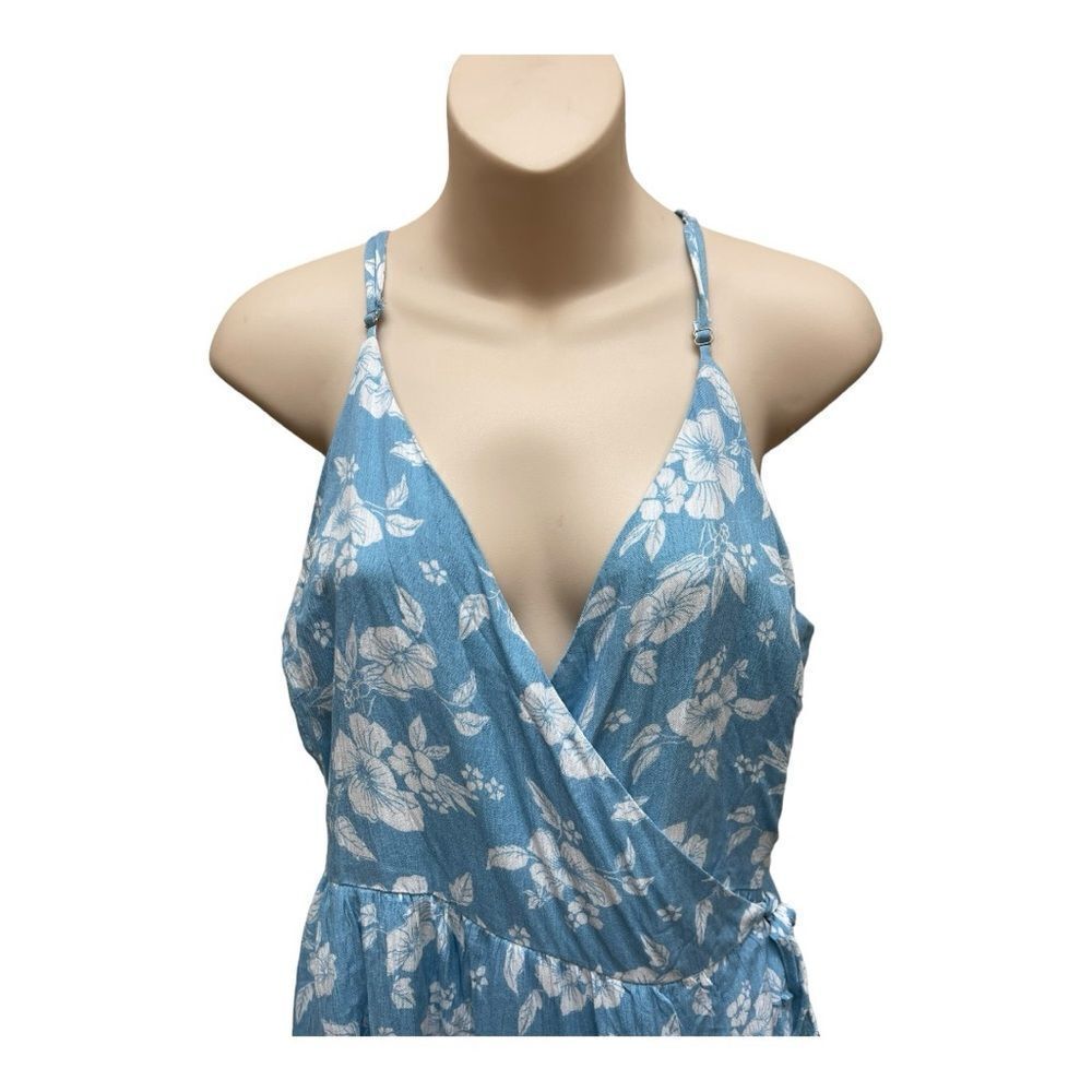 Promesa Blue White Floral V Neck Wrap Dress Size L Feminine Romantic Ruffle Euc — image 2 of 6